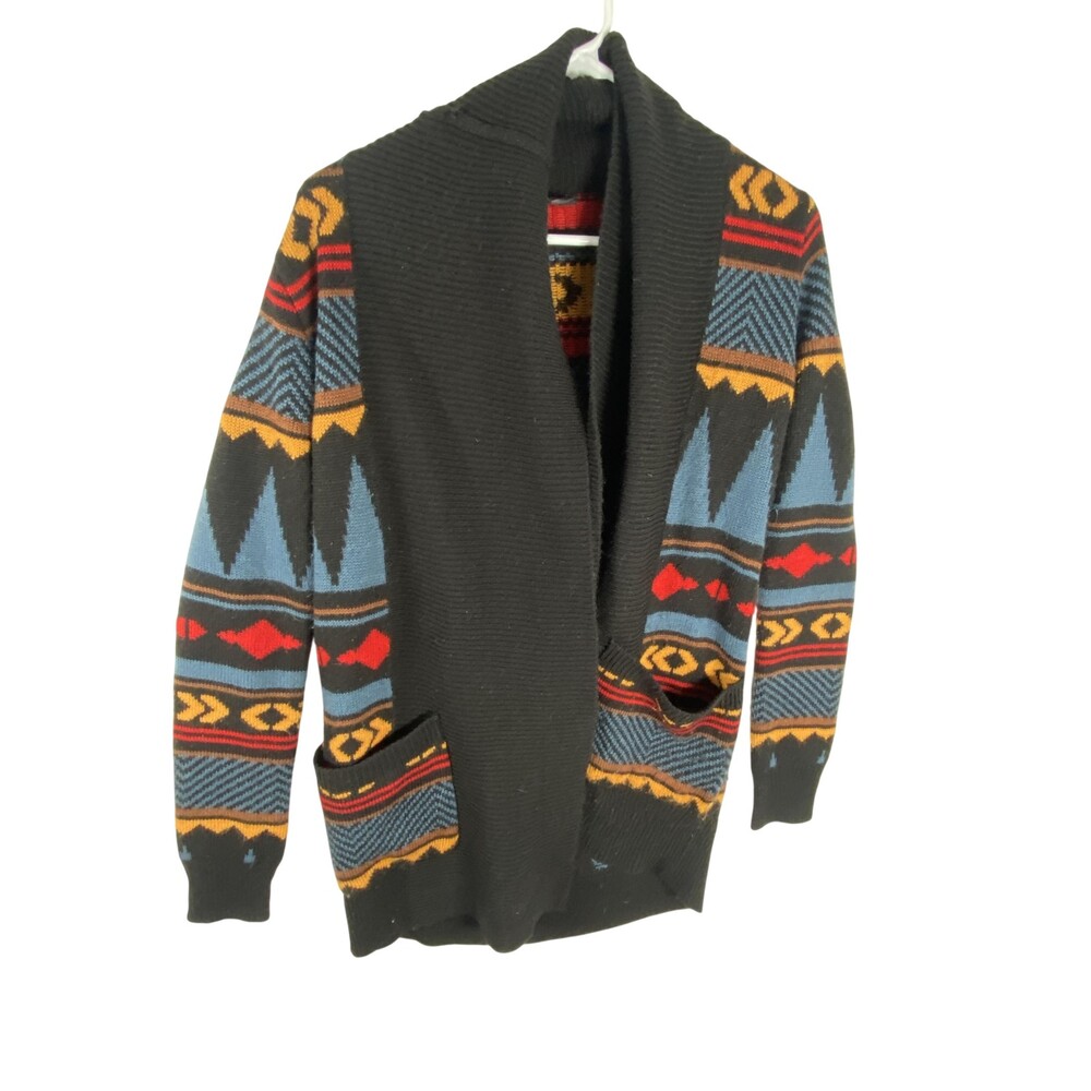 Jack Cardigan Sweater Womens XS Black Aztec Tribal Geometric Open Front Pockets